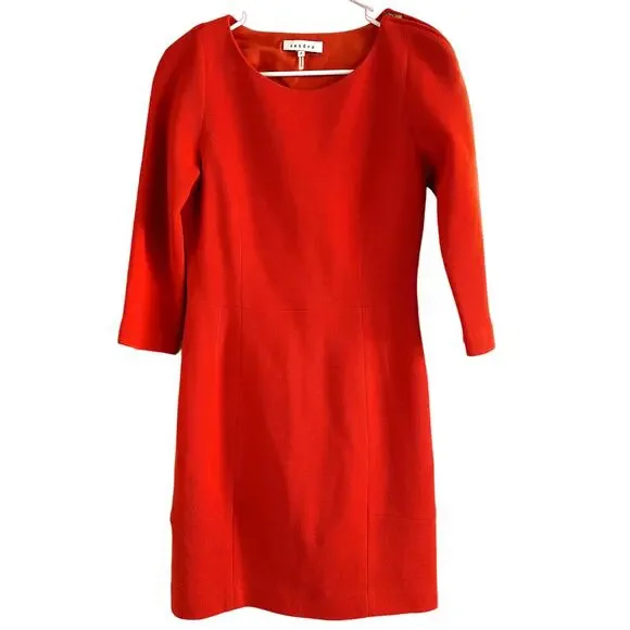 Sandro 3/4 Sleeve Wool Sheath Mini Dress Round Neck Shoulder Zip Red 2 - Picture 2 of 6